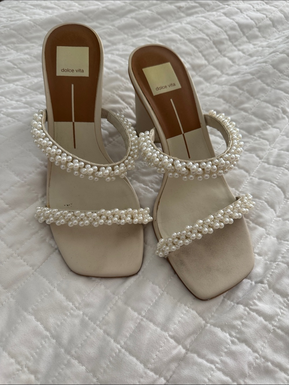 Dolce Vita Pearl-Trim Ivory Slide Heels